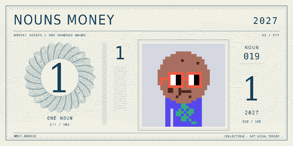 Nouns Money Nordic 2027 design with authentic Noun #19, design serial NM27-000020