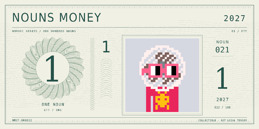 Nouns Money Nordic 2027 design with authentic Noun #21, design serial NM27-000022