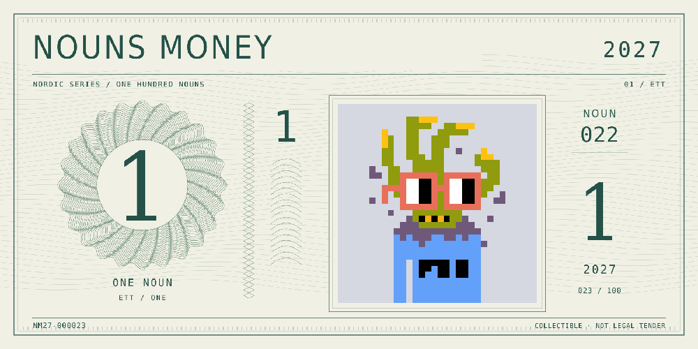 Nouns Money Nordic 2027 design with authentic Noun #22, design serial NM27-000023