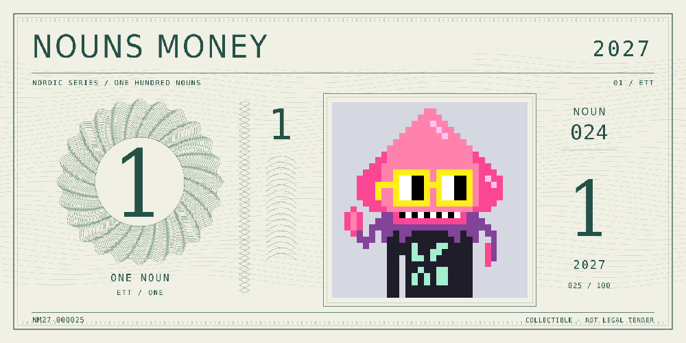 Nouns Money Nordic 2027 design with authentic Noun #24, design serial NM27-000025