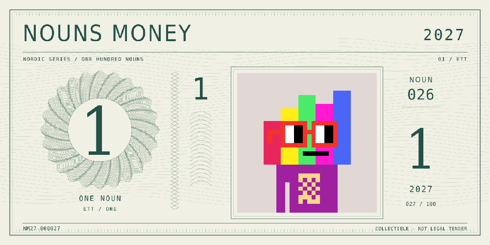 Nouns Money Nordic 2027 design with authentic Noun #26, design serial NM27-000027