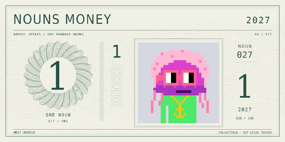Nouns Money Nordic 2027 design with authentic Noun #27, design serial NM27-000028