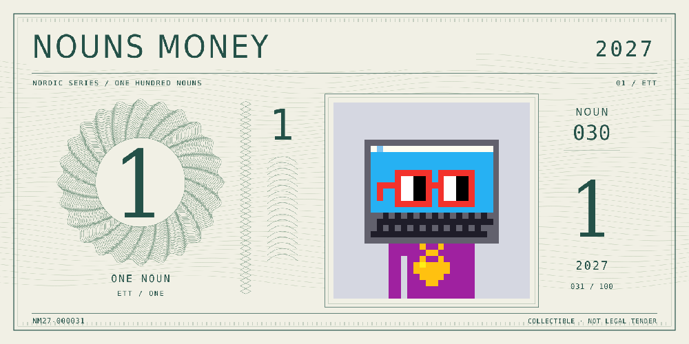 Nouns Money Nordic 2027 design with authentic Noun #30, design serial NM27-000031