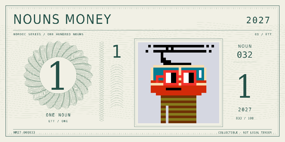 Nouns Money Nordic 2027 design with authentic Noun #32, design serial NM27-000033