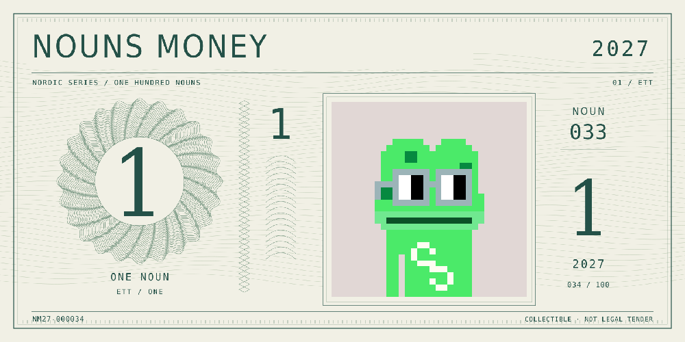 Nouns Money Nordic 2027 design with authentic Noun #33, design serial NM27-000034