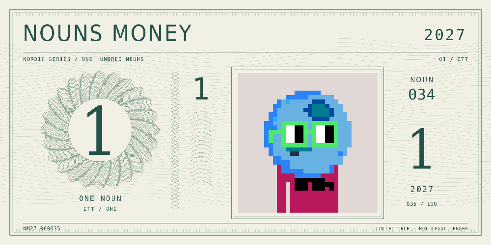Nouns Money Nordic 2027 design with authentic Noun #34, design serial NM27-000035