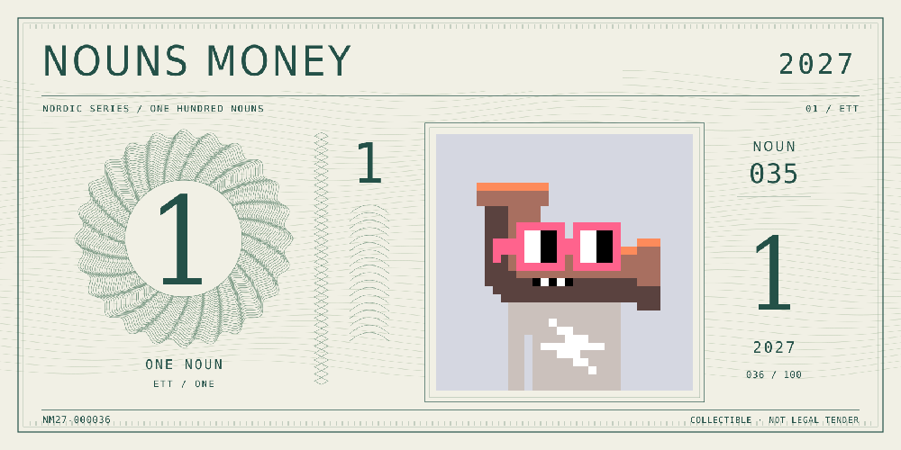 Nouns Money Nordic 2027 design with authentic Noun #35, design serial NM27-000036