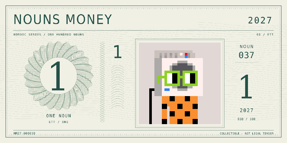 Nouns Money Nordic 2027 design with authentic Noun #37, design serial NM27-000038