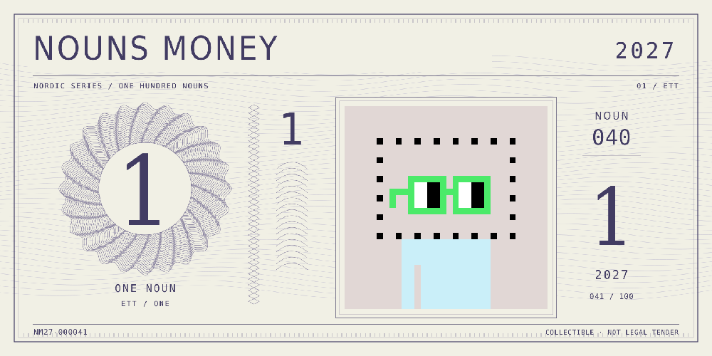Nouns Money Nordic 2027 design with authentic Noun #40, design serial NM27-000041