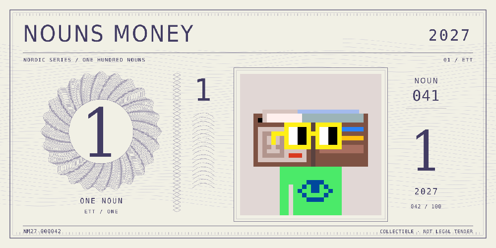 Nouns Money Nordic 2027 design with authentic Noun #41, design serial NM27-000042