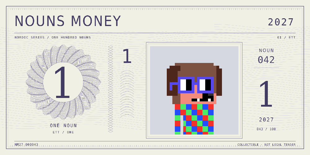 Nouns Money Nordic 2027 design with authentic Noun #42, design serial NM27-000043