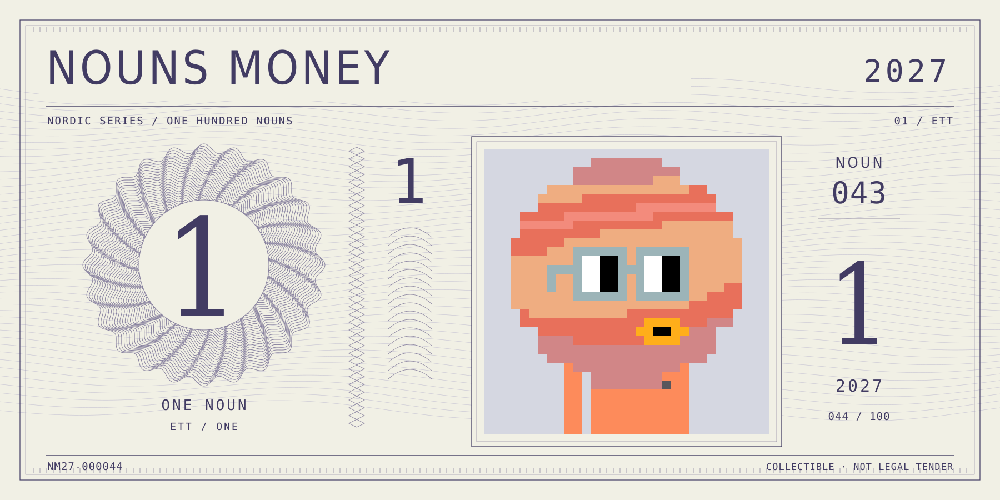 Nouns Money Nordic 2027 design with authentic Noun #43, design serial NM27-000044