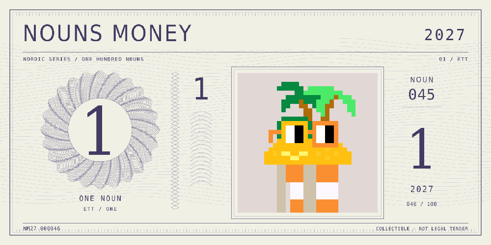Nouns Money Nordic 2027 design with authentic Noun #45, design serial NM27-000046