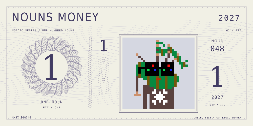 Nouns Money Nordic 2027 design with authentic Noun #48, design serial NM27-000049