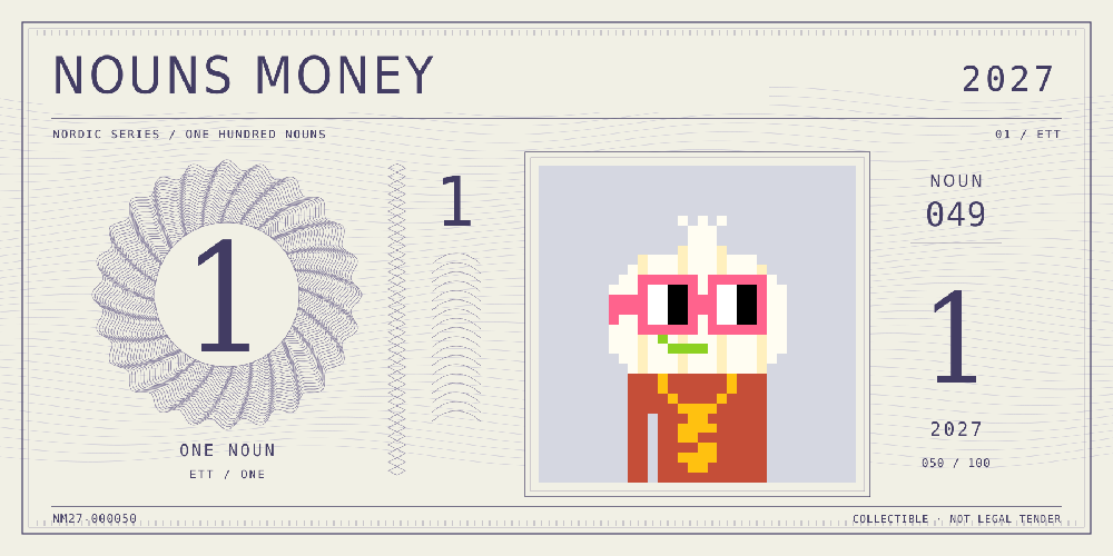 Nouns Money Nordic 2027 design with authentic Noun #49, design serial NM27-000050