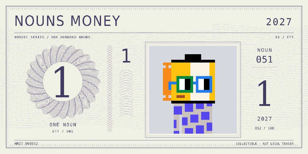 Nouns Money Nordic 2027 design with authentic Noun #51, design serial NM27-000052