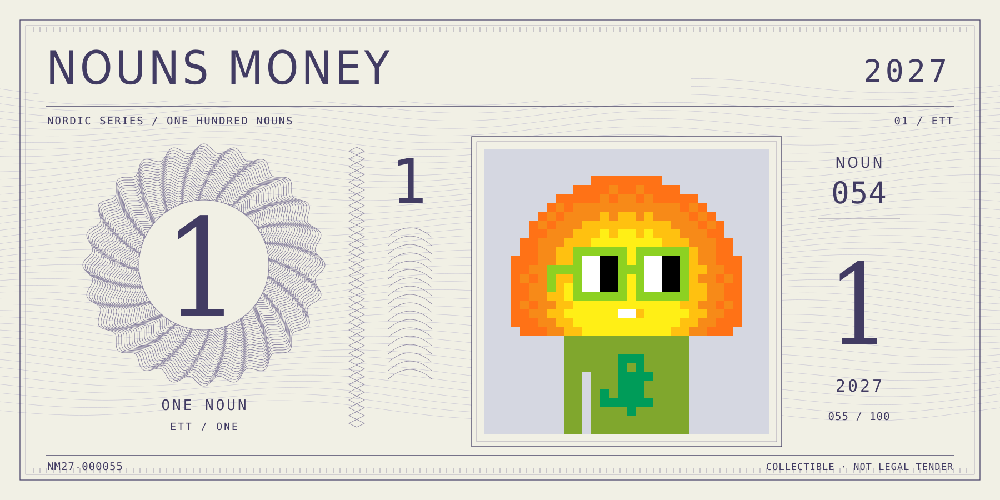 Nouns Money Nordic 2027 design with authentic Noun #54, design serial NM27-000055