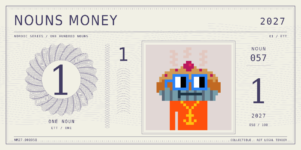 Nouns Money Nordic 2027 design with authentic Noun #57, design serial NM27-000058