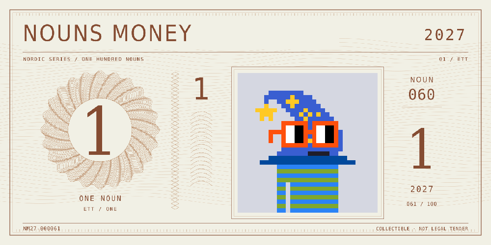 Nouns Money Nordic 2027 design with authentic Noun #60, design serial NM27-000061