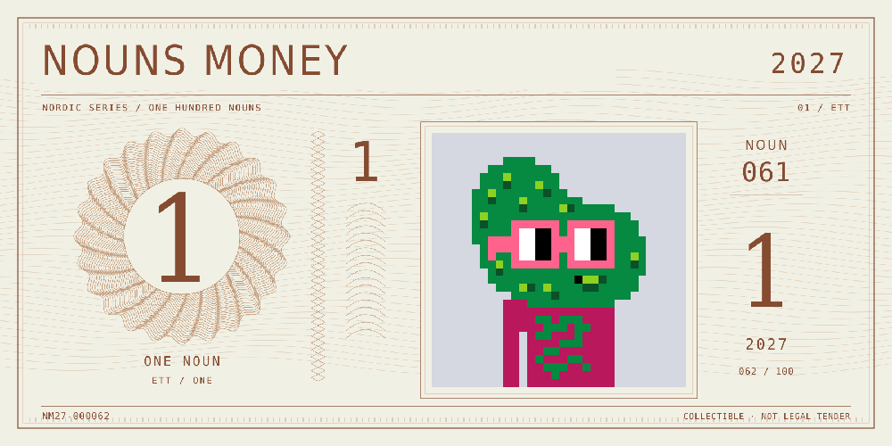 Nouns Money Nordic 2027 design with authentic Noun #61, design serial NM27-000062