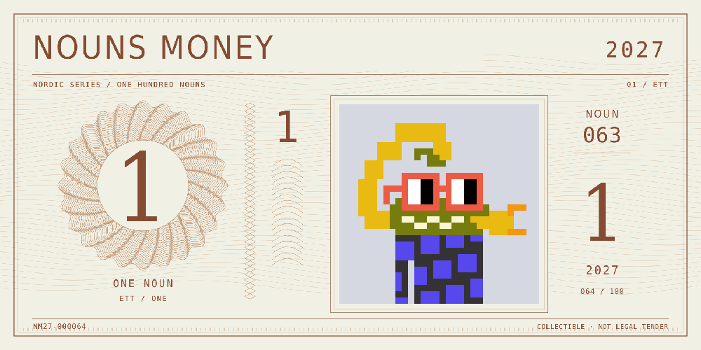 Nouns Money Nordic 2027 design with authentic Noun #63, design serial NM27-000064