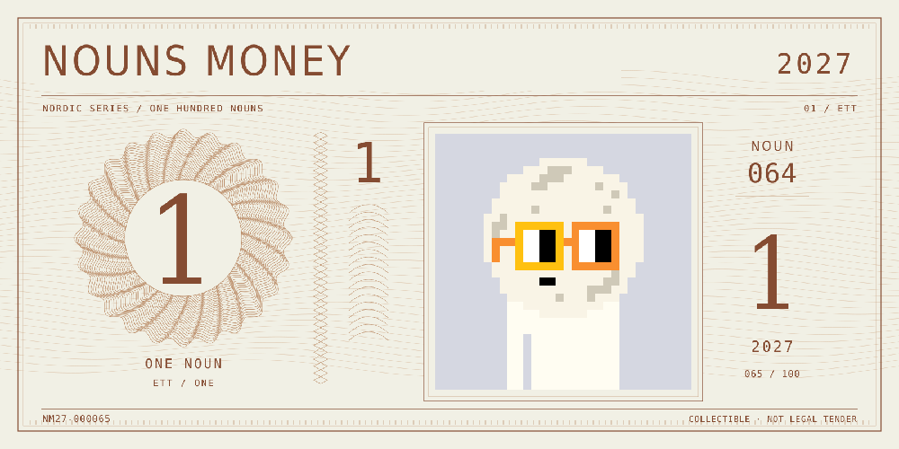 Nouns Money Nordic 2027 design with authentic Noun #64, design serial NM27-000065