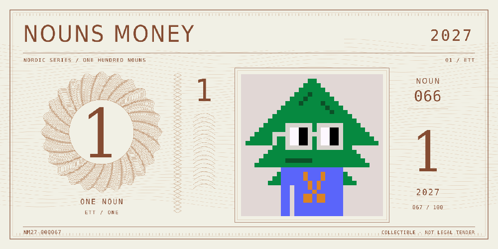 Nouns Money Nordic 2027 design with authentic Noun #66, design serial NM27-000067