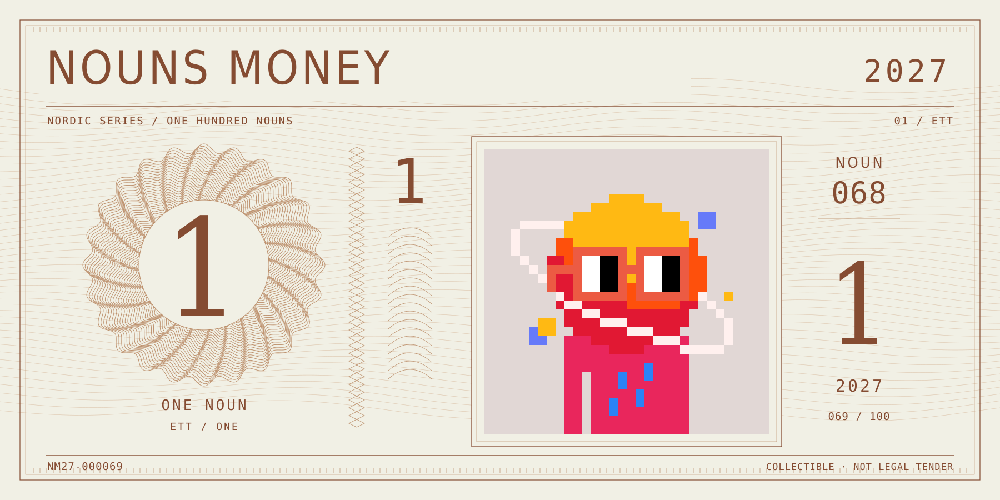 Nouns Money Nordic 2027 design with authentic Noun #68, design serial NM27-000069