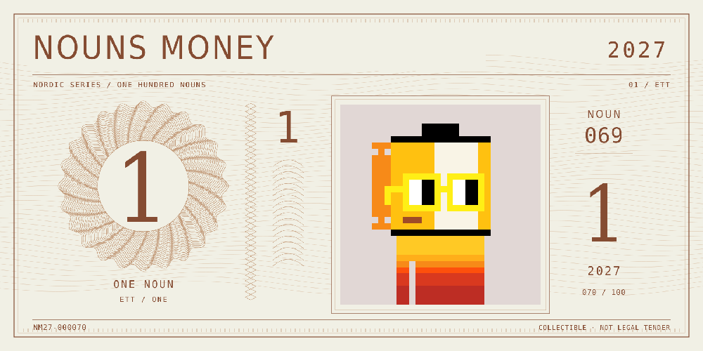 Nouns Money Nordic 2027 design with authentic Noun #69, design serial NM27-000070