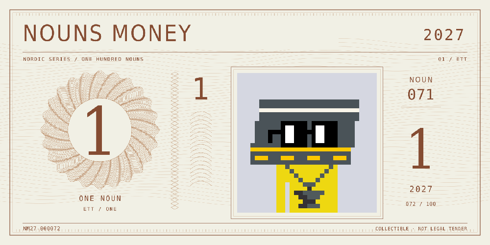 Nouns Money Nordic 2027 design with authentic Noun #71, design serial NM27-000072