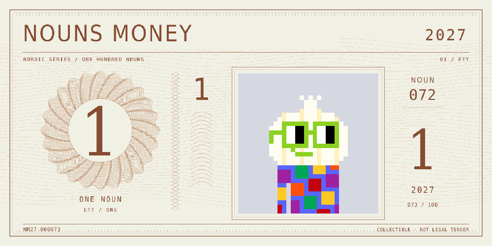 Nouns Money Nordic 2027 design with authentic Noun #72, design serial NM27-000073