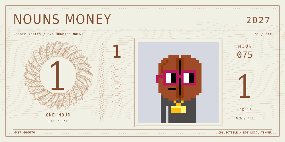 Nouns Money Nordic 2027 design with authentic Noun #75, design serial NM27-000076