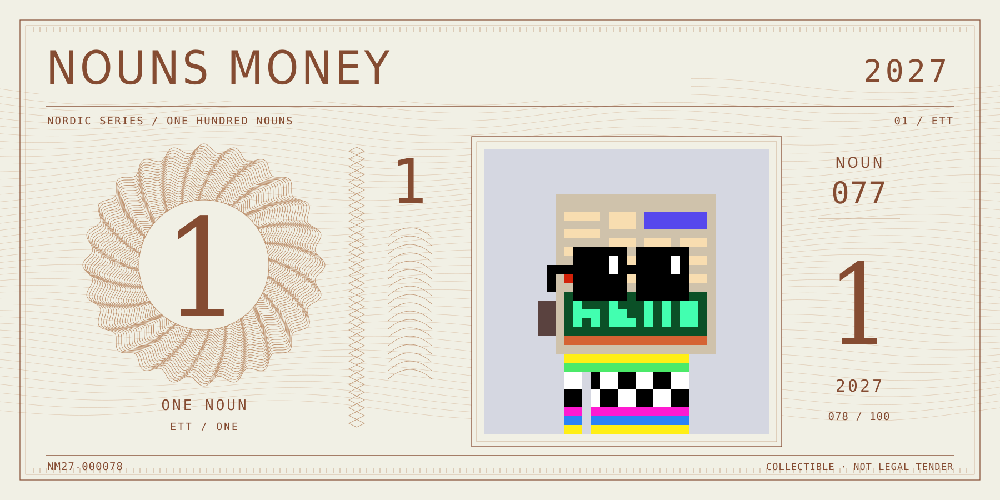 Nouns Money Nordic 2027 design with authentic Noun #77, design serial NM27-000078