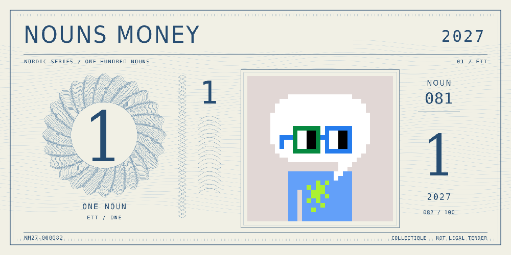 Nouns Money Nordic 2027 design with authentic Noun #81, design serial NM27-000082