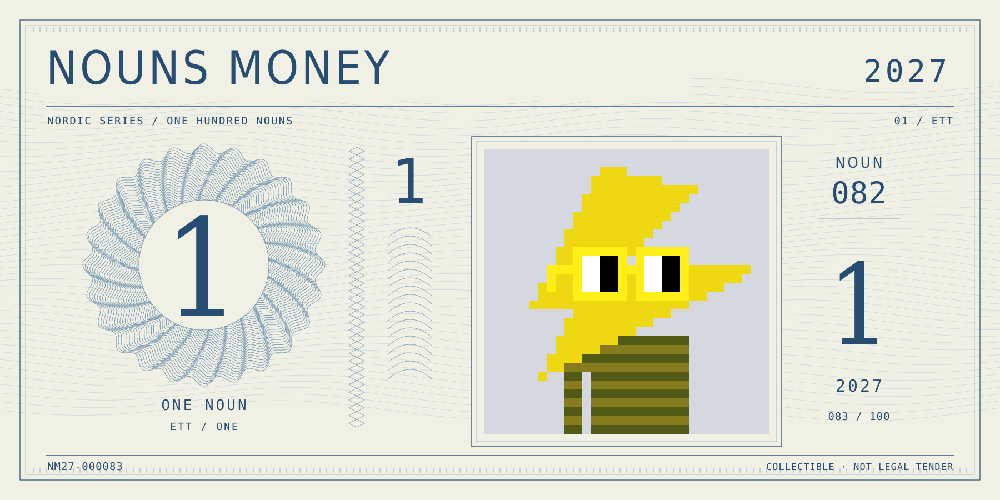 Nouns Money Nordic 2027 design with authentic Noun #82, design serial NM27-000083