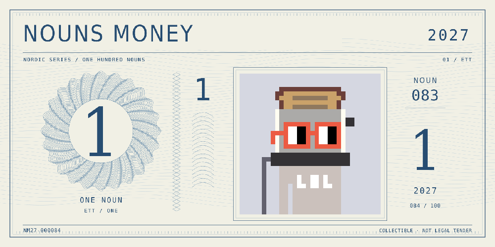 Nouns Money Nordic 2027 design with authentic Noun #83, design serial NM27-000084