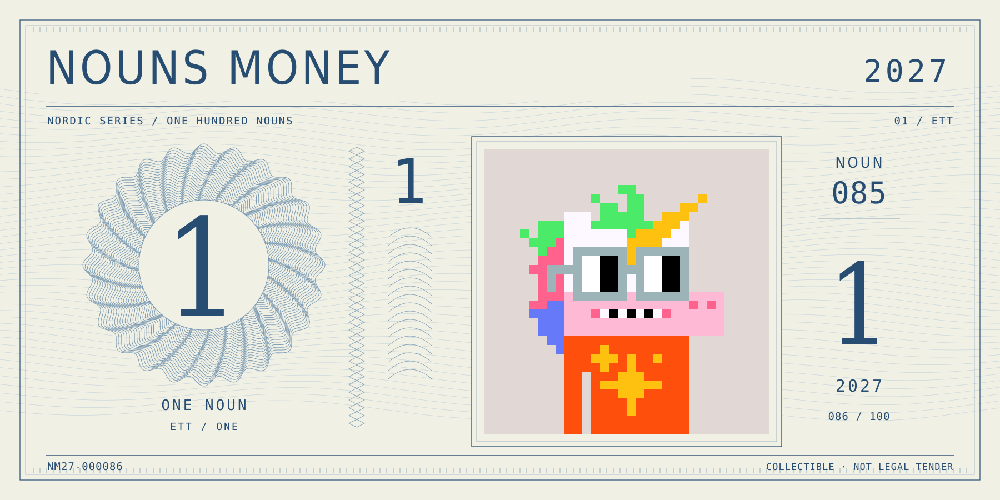 Nouns Money Nordic 2027 design with authentic Noun #85, design serial NM27-000086