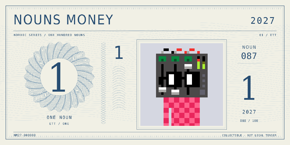 Nouns Money Nordic 2027 design with authentic Noun #87, design serial NM27-000088