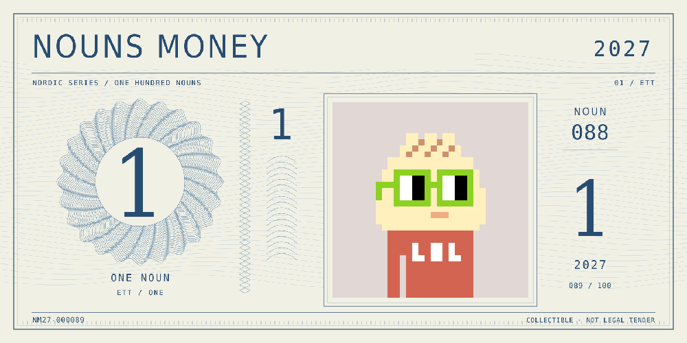 Nouns Money Nordic 2027 design with authentic Noun #88, design serial NM27-000089