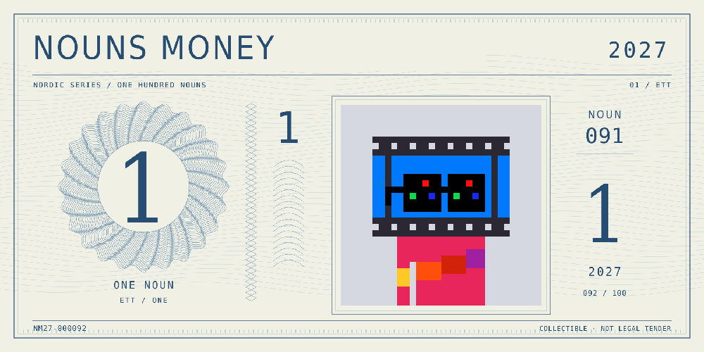 Nouns Money Nordic 2027 design with authentic Noun #91, design serial NM27-000092