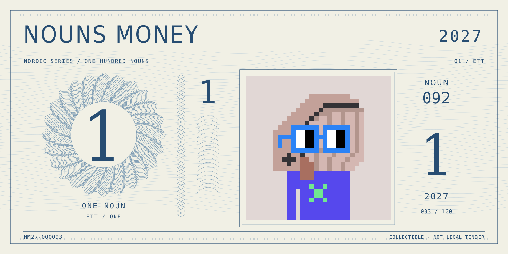 Nouns Money Nordic 2027 design with authentic Noun #92, design serial NM27-000093