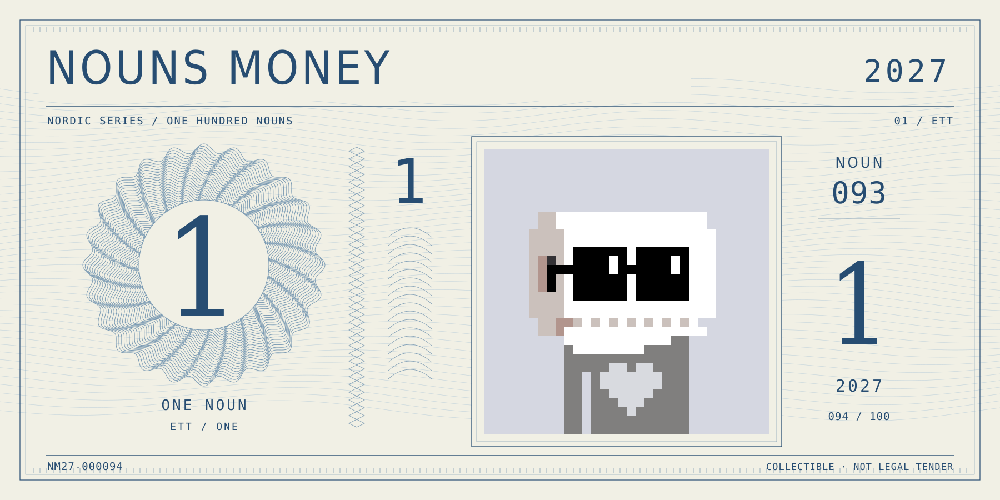 Nouns Money Nordic 2027 design with authentic Noun #93, design serial NM27-000094