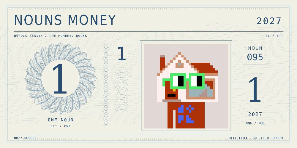 Nouns Money Nordic 2027 design with authentic Noun #95, design serial NM27-000096