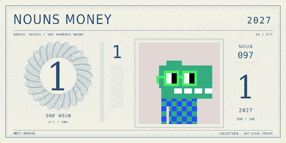 Nouns Money Nordic 2027 design with authentic Noun #97, design serial NM27-000098