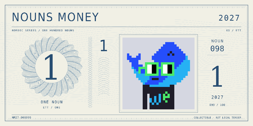 Nouns Money Nordic 2027 design with authentic Noun #98, design serial NM27-000099