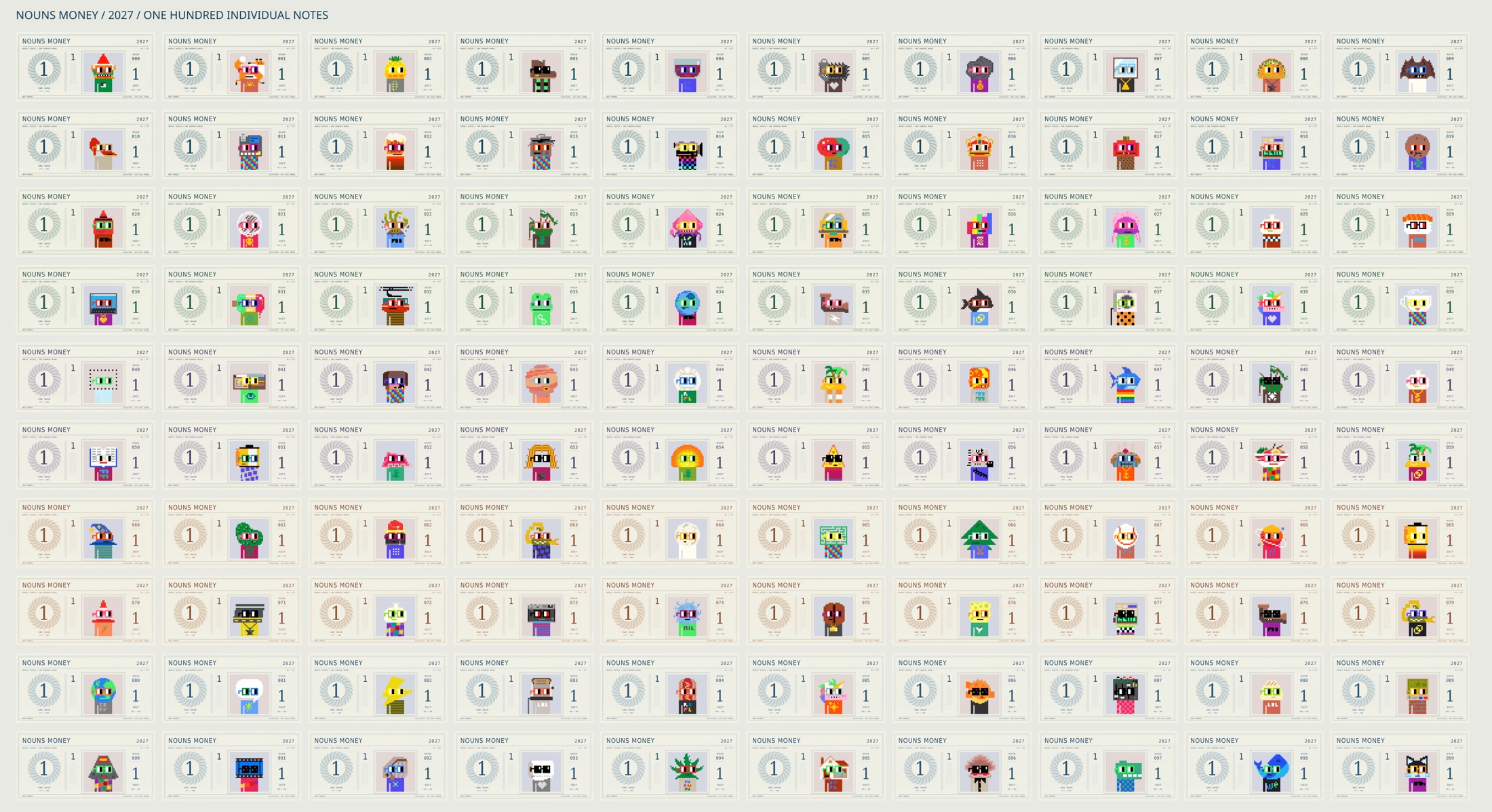 Overview of all one hundred Nordic 2027 Nouns Money art designs, each with a distinct authentic Noun #0–99