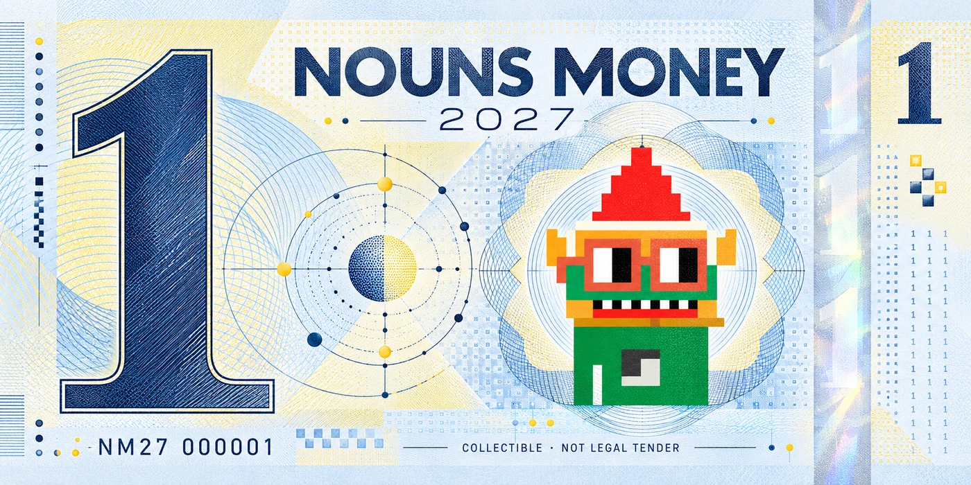 Ice Blue One, a generated Nordic 2027 Nouns Money currency-inspired concept using a reference to Noun #0; visual effects only