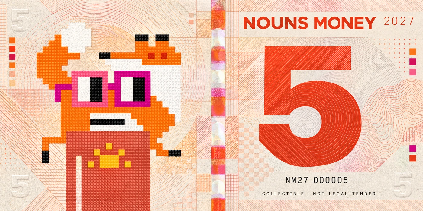Linen Vermilion Five, a generated Nordic 2027 Nouns Money currency-inspired concept using a reference to Noun #1; visual effects only