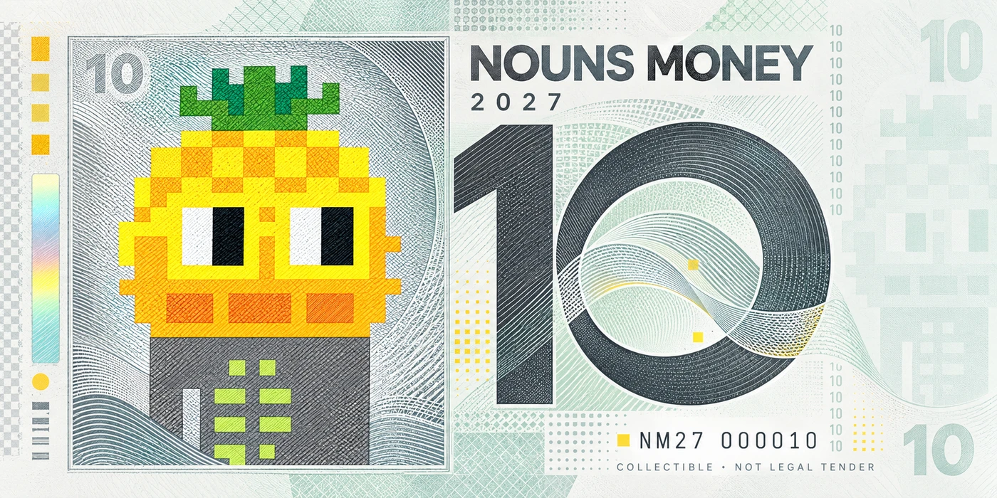Glacier Mint Ten, a generated Nordic 2027 Nouns Money currency-inspired concept using a reference to Noun #2; visual effects only