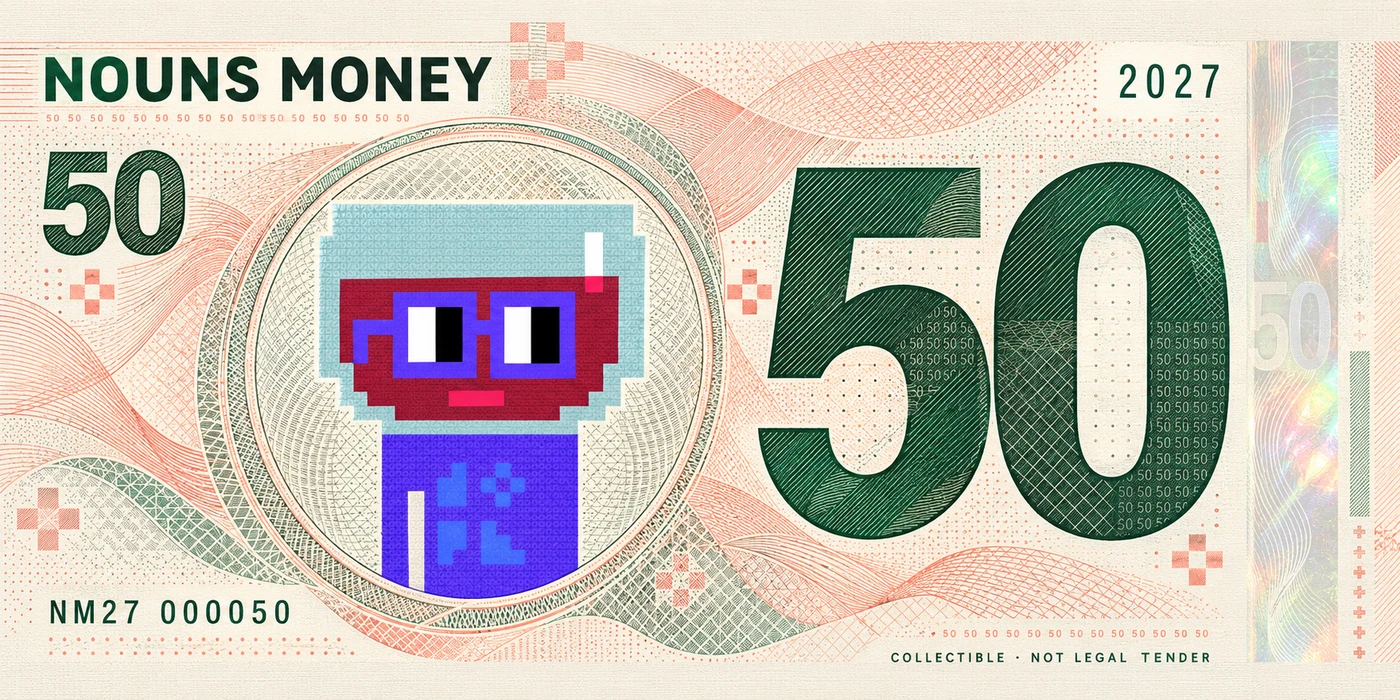 Salmon Forest Fifty, a generated Nordic 2027 Nouns Money currency-inspired concept using a reference to Noun #4; visual effects only